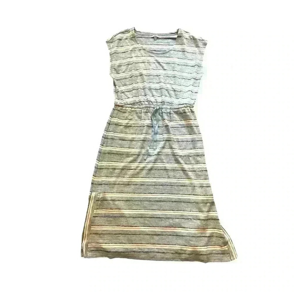 T by Talbots Midi Dress Size MP Drawstring Waist Blue Stripes Knit Stretch - Picture 3 of 10